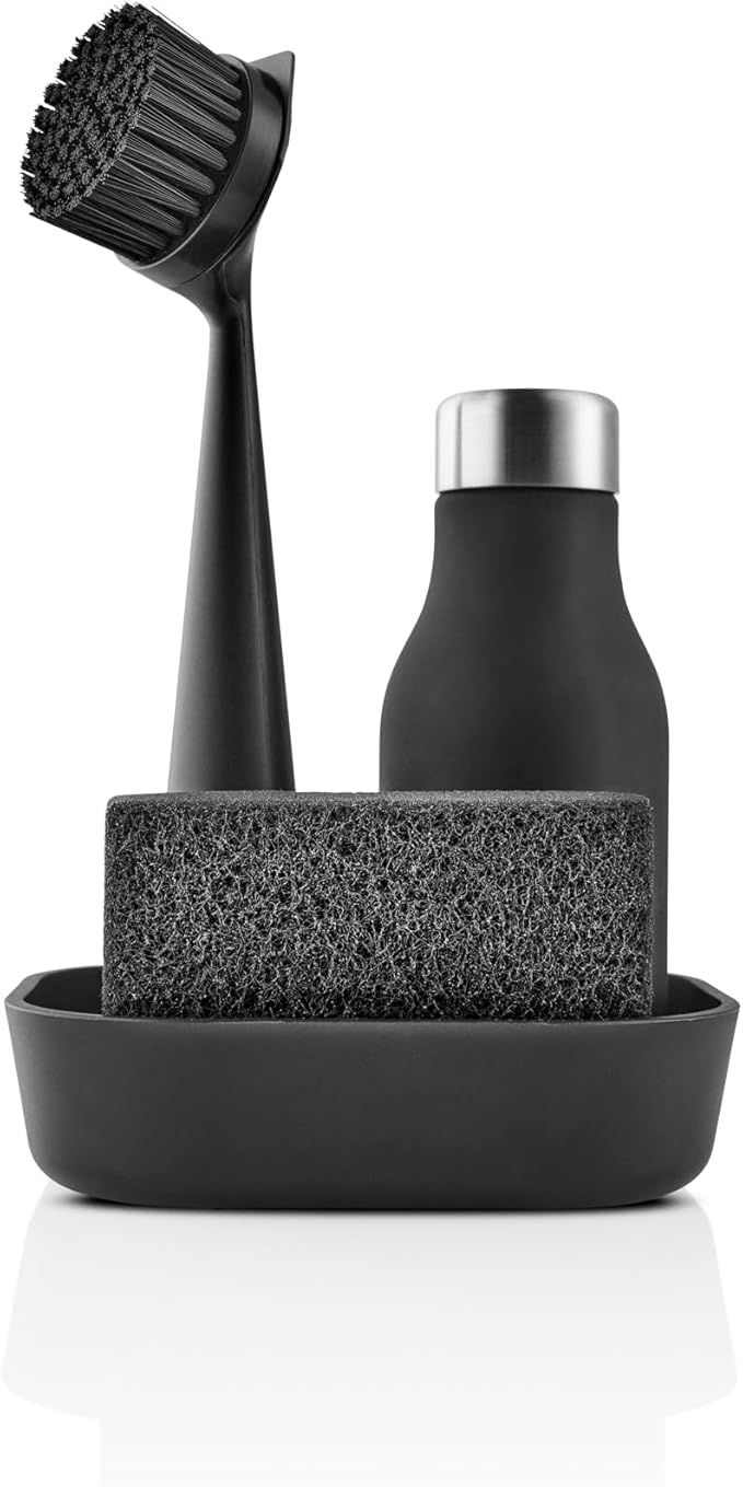 EVA SOLO | Dishwashing Set | Soap Dish, Liquid Soap Dispenser, Dish Brush & Sponge | Dish Washing Accessories | Black