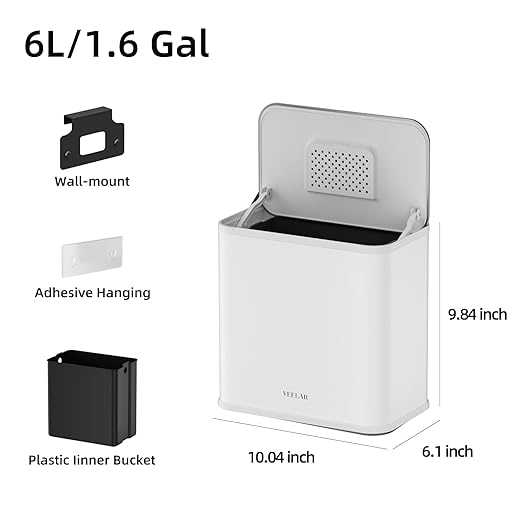 Hanging Stainless Steel Trash Can, 1.6 Gallon /6L Small Compost Bin for Kitchen Cabinet, Bathroom (White)