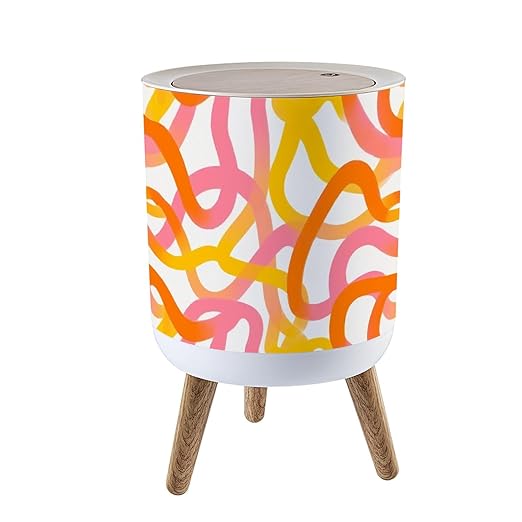 Trash Can with Lid Retro 60s Style Rainbow Seamless Pastel Color Stripes Pink Wave Press Top Round Small Garbage Bin with Wooden Legs Waste Basket for Kitchen Bedroom Nursery 7L/1.8 Gallon
