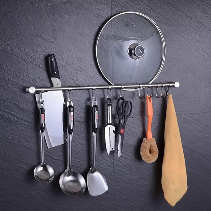 Premium Stainless Steel Kitchen Tool Utensil Organizer Bar Rack with Movable Hooks for Pan Pot Spoon Towel (Transitional, 10 Hooks)