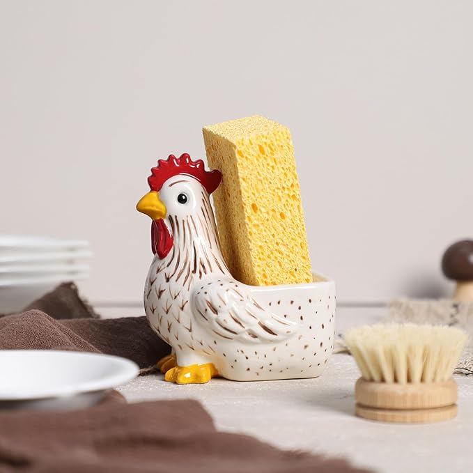 Ceramic Retro White Rooster Shape Sponge Holder for Kitchen Sink, Compact Sink Caddy Organizer, Scouring Pad and Dish Sponge Holder, A