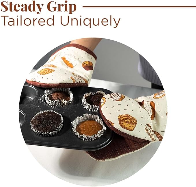 Folkulture Mini Oven Mitts Heat Resistant | (5.75 x 9) Set of 2 Short Oven Mitts with Hanging Loop | 100% Cotton Oven Gloves or Kitchen Mittens | Small Silicone Oven Mits or Baking Accesories