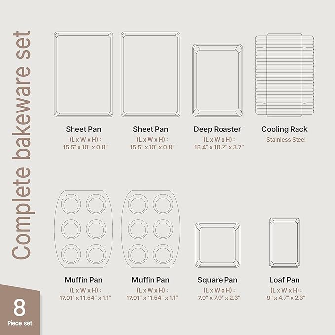 BAKKENMASTER Deluxe 8-Piece Carbon Steel Bakeware Set - Nonstick White Marble Coating, Silicone Handles - Professional Quality Kitchen Oven Baking Pans