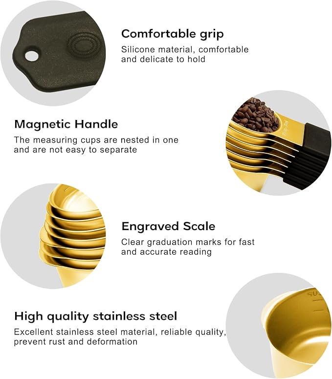 Magnetic Measuring Cups and Spoons Set, Including 7 Stainless Steel Nesting Gold Measuring Cups & 8 Magnetic Gold Measuring Spoons with 1 Leveler for Cooking & Baking