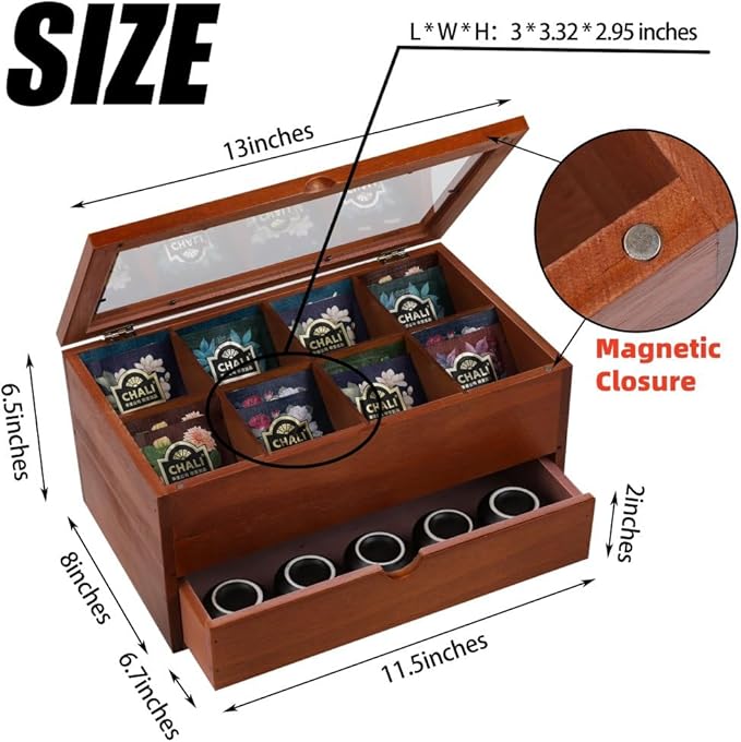 Tea Bag organizer Storage Box with Drawer Tea Organizers with Clear Acrylic Window Wooden Tea Box for Countertop with 8 Compartments Teabag Holder with 4 Cotton Woven Coasters（WBrown02）