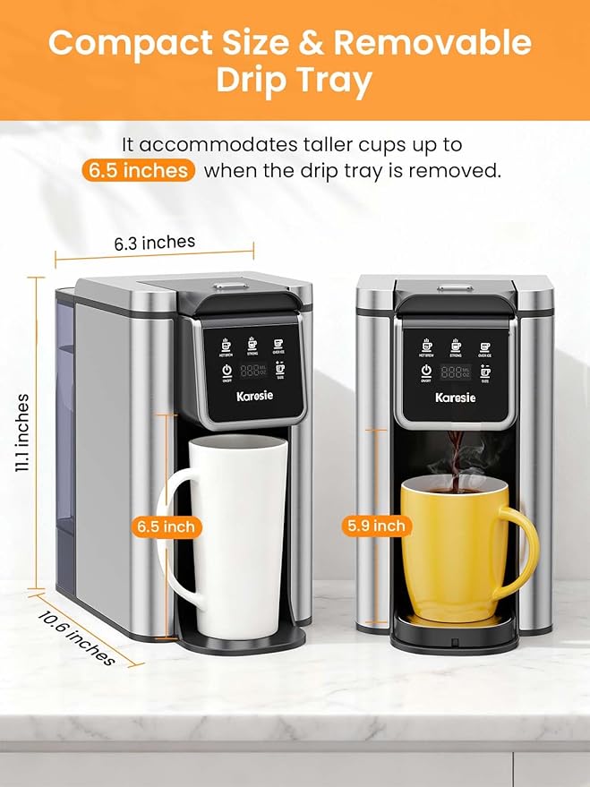 K Cup Coffee Maker, Hot & Iced Coffee Maker for K Cup and Grounds, 6-14 Oz Brew Sizes, 50oz Removable Tank, Single Cup Coffee Maker with Descaling Reminder, Stainless Steel, Black