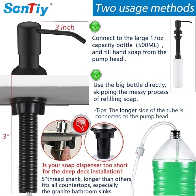 Built in Soap Dispenser for Kitchen Sink, Kitchen Soap Dispenser Stainless Steel Pump Set for Dish Soap or Lotion with 47" Extension Tube and 500ml Bottle (Black Matte)