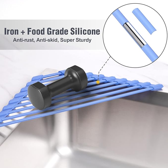 Tomorotec Compact Silicone-Coated Triangle Dish Drying Rack for Sink Corner - Foldable Stainless Steel Over-The-Sink Organizer and Storage Shelf (Blue)
