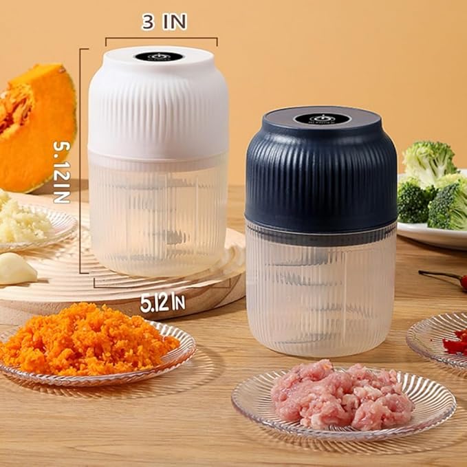 300ML USB Rechargeable Electric Garlic Chopper, Mini Portable Veggie Cutter with Eggbeater&4/6 Knife Heads, Veggie Chopper with Container and Lid, Vegetable Crusher (Blue B)