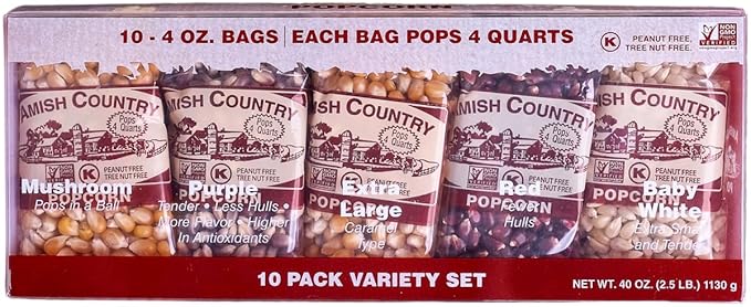 Amish Country Popcorn | 4 Ounce Variety Kernel Gift Set (10 Pack Assorted) | Old Fashioned, Non-GMO and Gluten Free (4oz Each, 10ct Total)