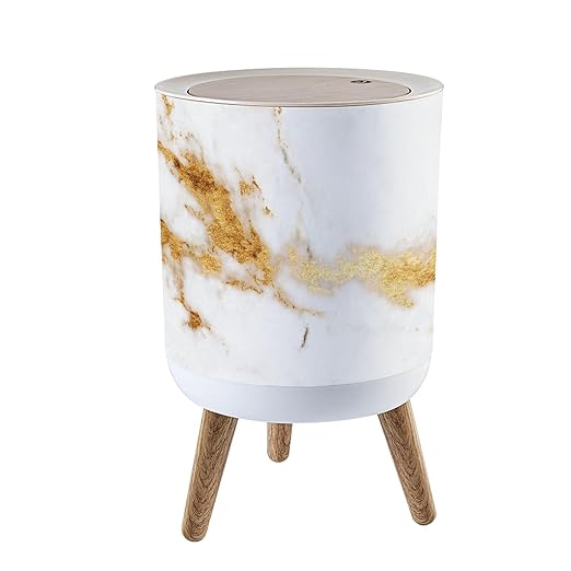 Trash Can with Lid White Gold Marble Texture Design Press Top Round Small Garbage Bin with Wooden Legs Waste Basket for Kitchen Bedroom Nursery 7L/1.8 Gallon