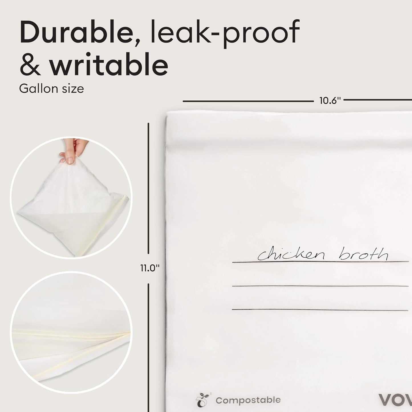 Vove Compostable Gallon Bags, Extra Large 30 Count – Freezer Safe, Leak Proof, Non Toxic Food Storage for Meal Prep & Snacks, Plant-Based Eco Bags