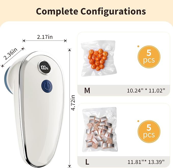Handheld Compact Vacuum Sealer for Food, Long-Lasting Fast-Sealing Portable Food Saver with Battery Display, Dry/Moist Modes, Includes 10 Reusable Bags for Sous Vide, Meat, Leftovers, Easy Clean