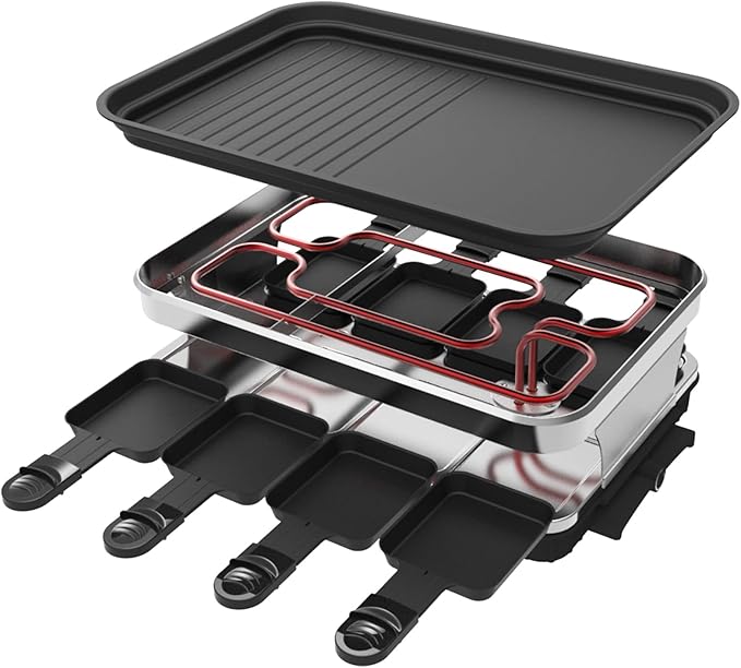 Elevon Electric Korean BBQ Indoor Grill, Table Smokeless Portable Raclette Grill with 8 Mini Grill Cheese Pans, Removable Non-Stick Temperature Control 1500W, Ideal for Parties and Family Fun