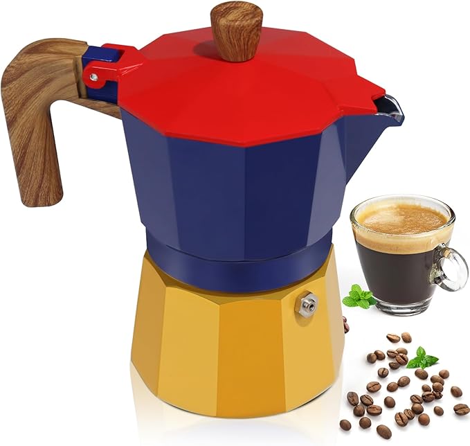 Aluminum 6 Cup 300ml Moka Pot Express Coffee Maker Stovetop Espresso Colorful Coffeemaker Italian Classic Style Brewing Greca Cafe Mocha Machine for Cafeteras Lover Camping Travel and Home Use 10oz
