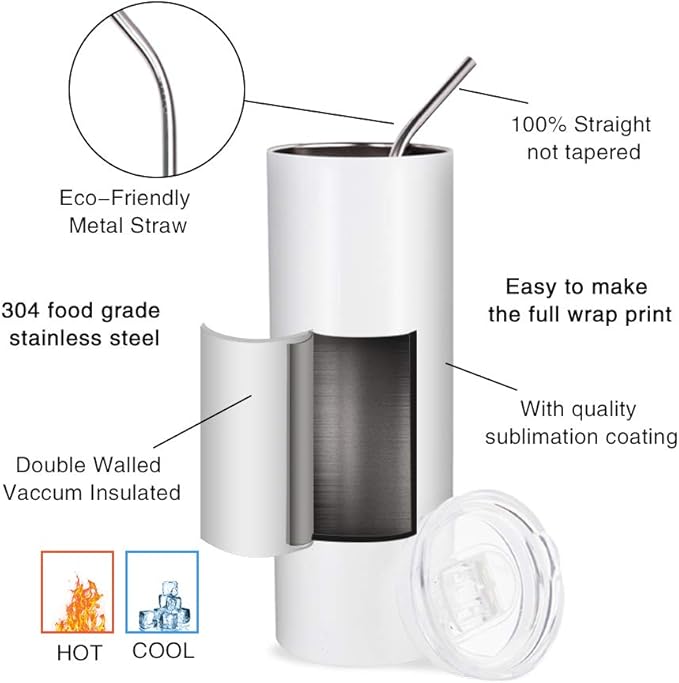 PYD Life Sublimation Blanks Skinny Tumbler White 20 OZ Straight Stainless Steel with Metal Straw for Mug Tumbler Heat Press Machine Sublimation Printing 4 Pack