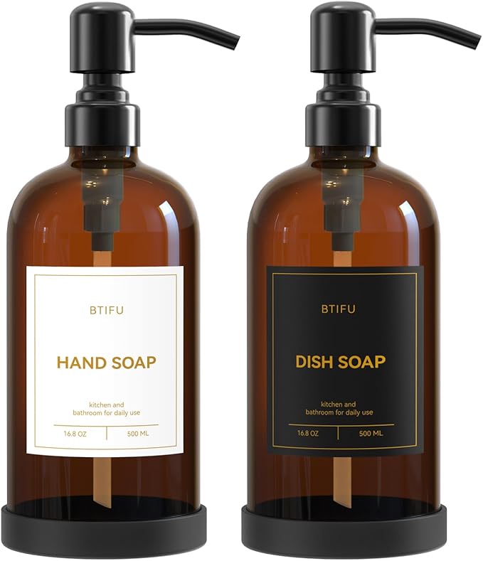 Kitchen Soap Dispenser Set – 16.8oz/500ml Glass Hand and Dish Soap Dispenser with Stainless Steel Pumps & Non-Slip Silicone Base, Luxury Countertop Decor for Home, Airbnb, Hotel (Amber & Black)