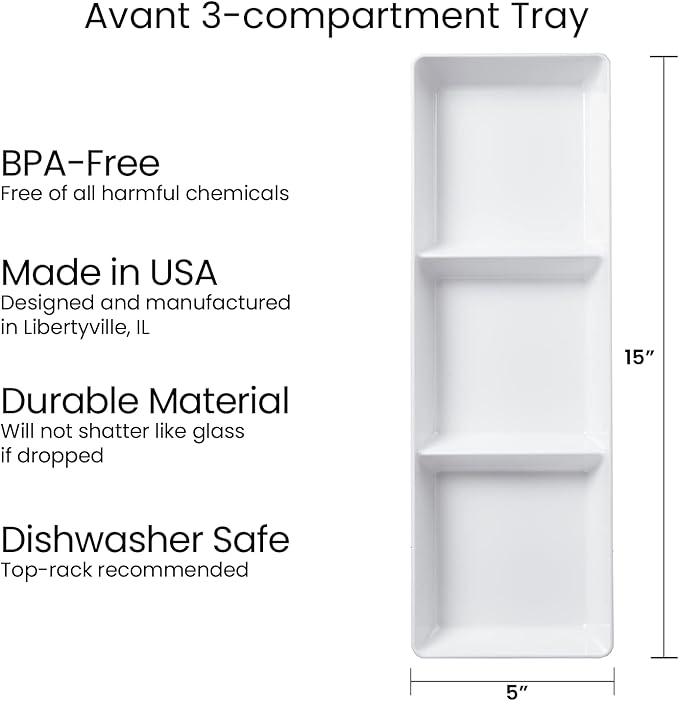 US Acrylic Avant White Plastic Divided Serving Trays (Set of 4) 15” x 5” | Narrow Reusable 3-Section Party Platters | Serve Appetizers, Fruit, Veggies, & Desserts | BPA-Free & Made in USA