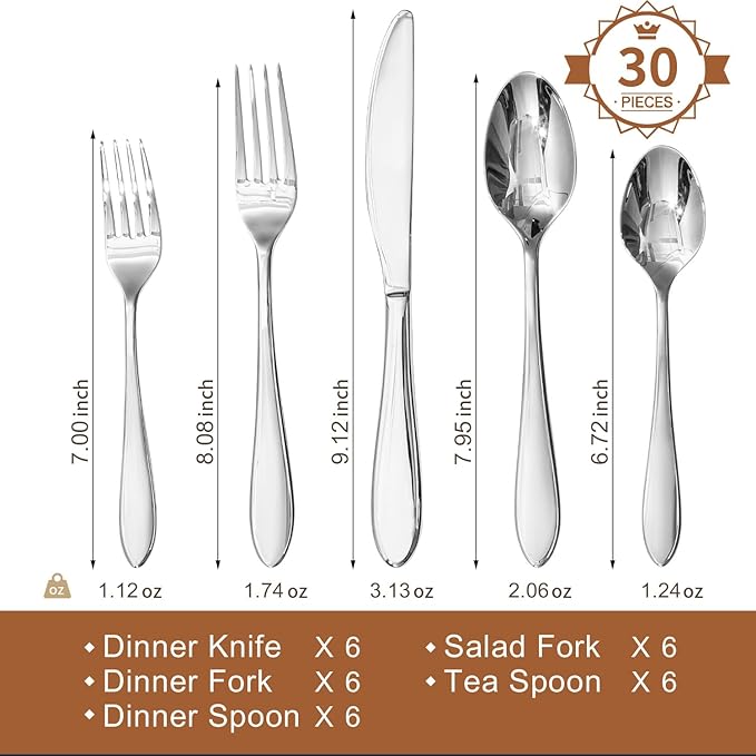 KINGSTONE 30-Piece Silverware Set for 6,18/10 Premium Stainless Steel Flatware Set, for Home, Restaurant, Wedding and Party Use,Mirror-Polished Cutlery Set, Dishwasher Safe
