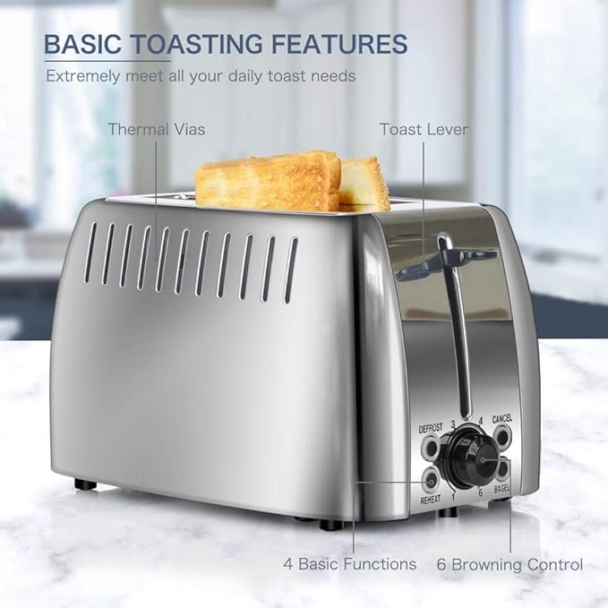 Toaster 2 Slice Stainless Steel Bagel Toaster Extra Wide Slots with 6 Browning Setting, Bagel/Reheat/Defrost/Cancel Function for Toasting Bread, Bagels and Waffles, 750W, Silver