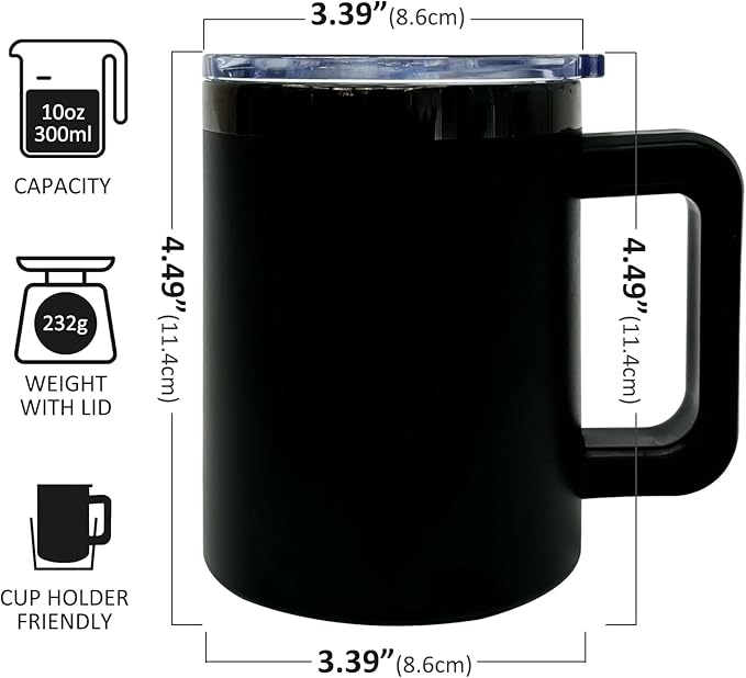 10 oz Tumblers with Handle and Straw Stainless Steel Insulated Coffee Mug for Laser Graving 20oz Powder Coated Cup with Black Plated(Black,6 pack)