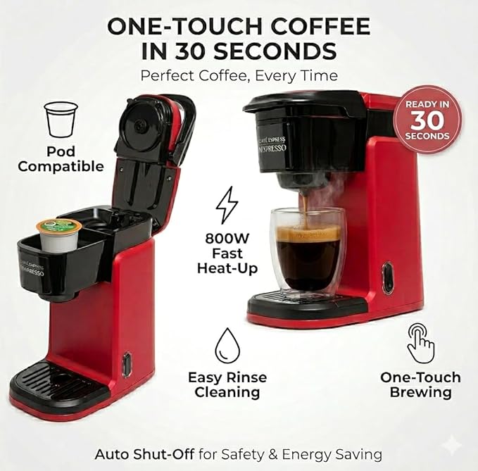 Mixpresso Red Single Serve Coffee Maker for K Capsule, Compact Mini Coffee Maker 800 Watt Coffee Machine for Pods or Ground, Fast Brew, Auto Shut Off, 12 Oz Brew Size for Travel, Office, RV and Dorm