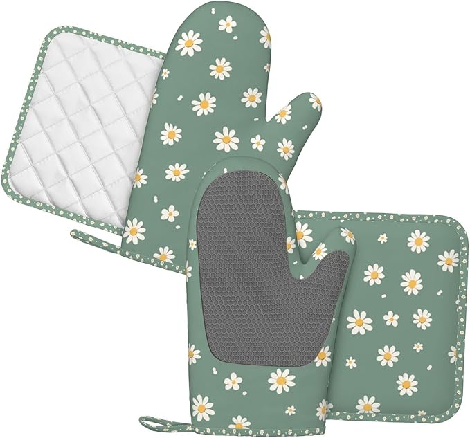 Oven Mitts and Pot Holders Daisy Flower Green Silicone Kitchen Accessories Set of 4 Heat Resistant Long Gloves Potholder Non-Slip Grip for Chef Cooking Baking Grilling BBQ