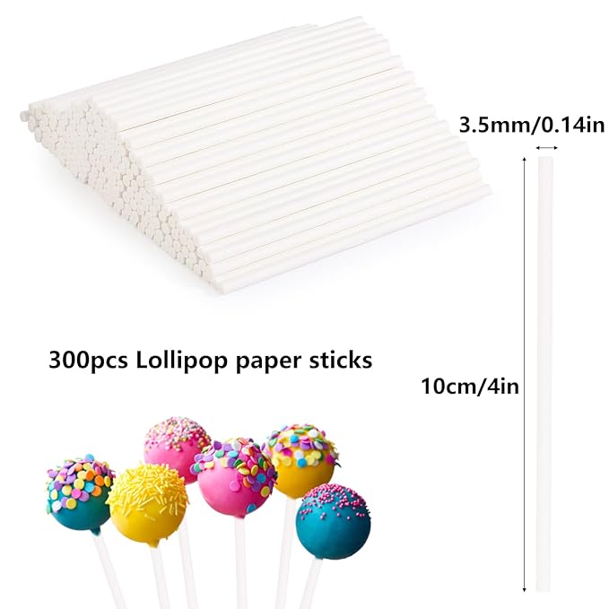 300Pcs 4 Inch White Paper Lollipop Sticks, Paper Sucker Sticks, Cake Pop Stick for Cake Toppers, Chocolate,Cookie,Rainbow Candy