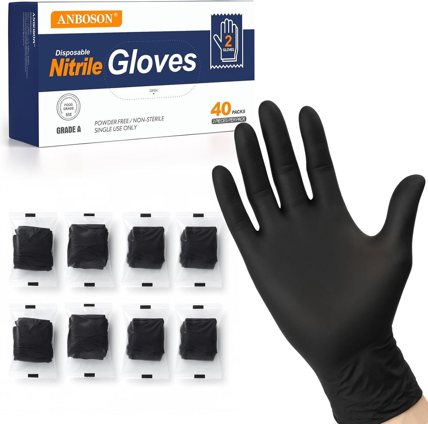 Nitrile Disposable Gloves 5mil, Latex Free, Powder Free, 40 Pairs Individually Wrapped (80 Gloves), Strong Protective Gloves for Food Prep, Cleaning, Industrial, Salon, Household, Travel, Medium
