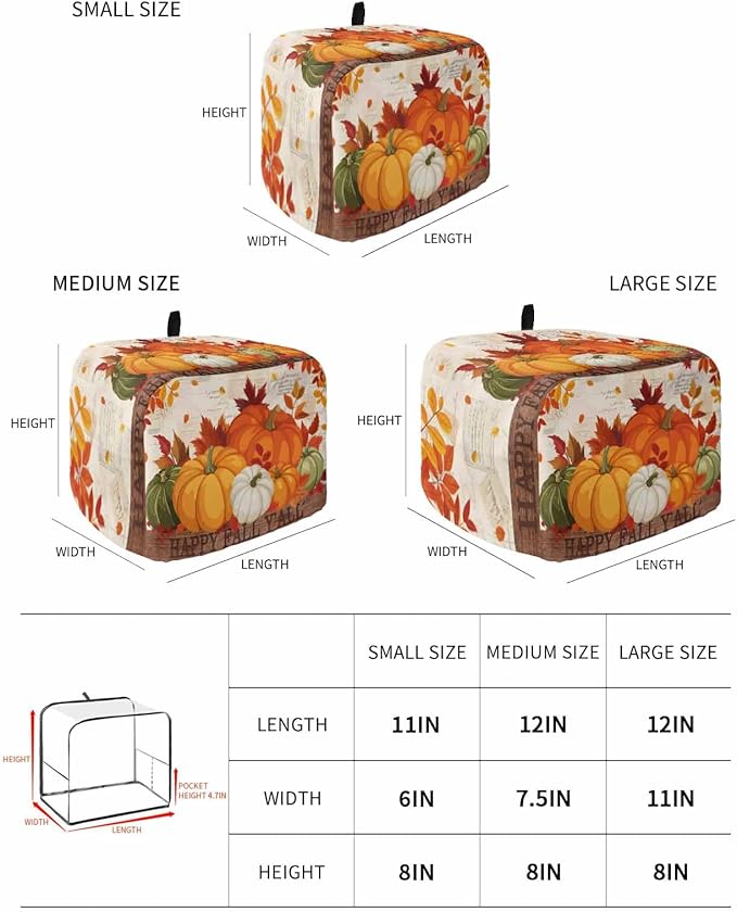 Orange Pumpkins Fall Toaster Cover 2 Slice, Thanksgiving Maple Leaf Dustproof Bakeware Oven Protector with Top Hook, Autumn Retro Waterproof Small Kitchen Appliance Toasters Dust Cover, 12"x7.5"x8"