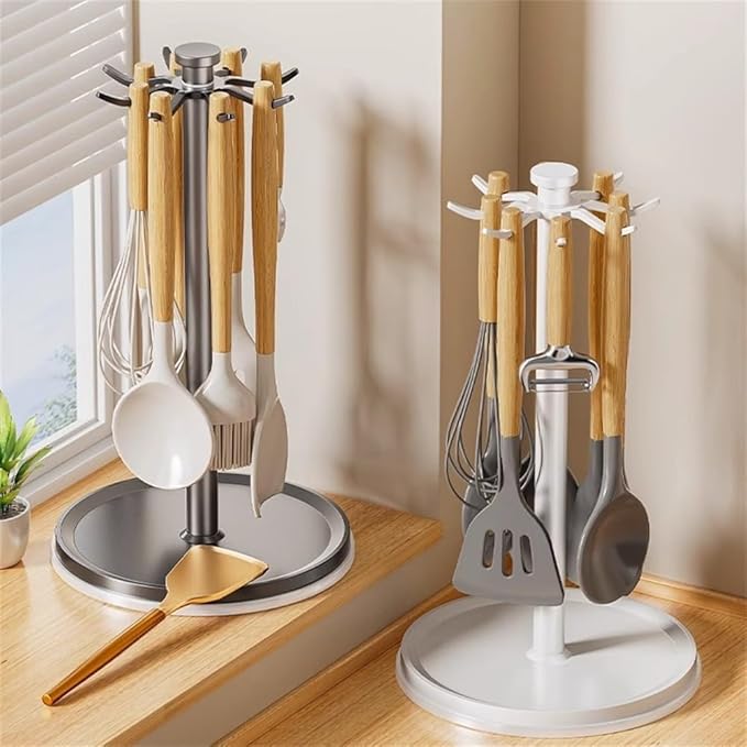 Rotatable Hanging Organizer with 8 Hooks for Kitchen Utensils, 360 Degree Swivel Countertop Holder for Cooking Tool Storage (Black)