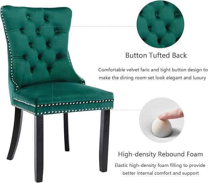 Green Velvet Dining Chairs Set of 2, Upholstered Dining Room Chairs with Back Ring Pull Trim and Solid Wood Legs, Tufted Wingback Kitchen Chairs for Dining Room,Living Room,Kitchen(Green)