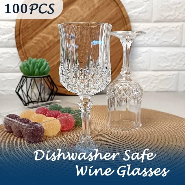 Plastic Wine Glasses, Plastic Goblets Vintage Style Cordial Unbreakable Drinking Glasses, Reusable Drinkware for Wedding Reception, Grand Event Party Supplies (100, Transparent)
