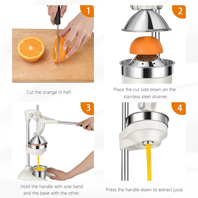 TONGCHANT Cast Iron Juicer, 19" Tall Heavy Duty Citrus Press with Dual Pattern | Manual Juicer for Orange Lemon Pomegranate, Easy to Clean, Stainless Steel Cup, White