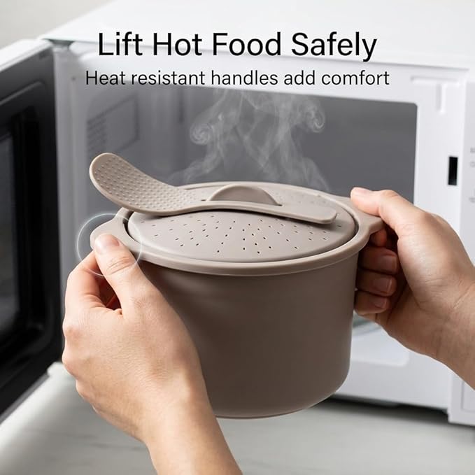 Microwave Rice & Grain Cooker – Easy Cook Container with Locking Lid, Heat-Resistant Handles – Includes Measuring Cup & Mixing Paddle – Cooks Rice, Grains, Veggies & More