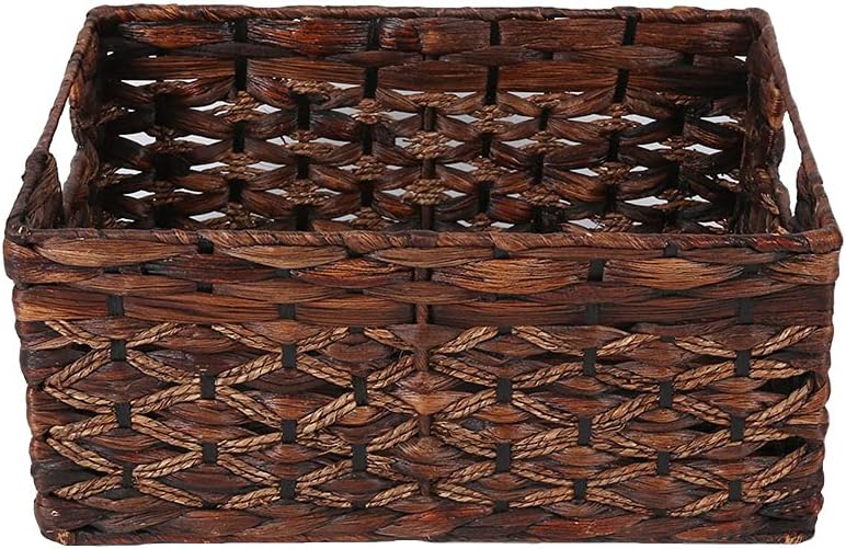 Rectangular Woven Water Hyacinth Basket,Dark Storage Basket With Inside Handle Shelves Kitchen Office Desk (Small)