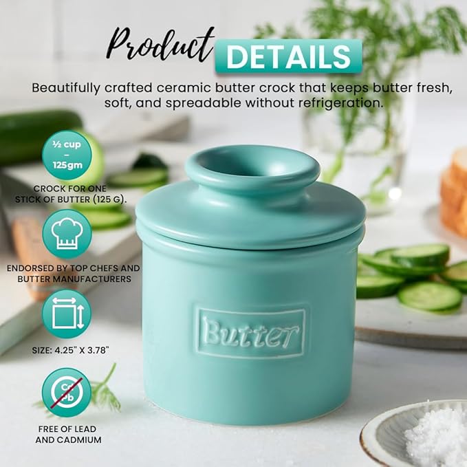 Butter Bell - The Original Butter Bell crock by L Tremain, a Countertop French Ceramic Butter Dish Keeper for Spreadable Butter, Café Matte Collection, Aqua