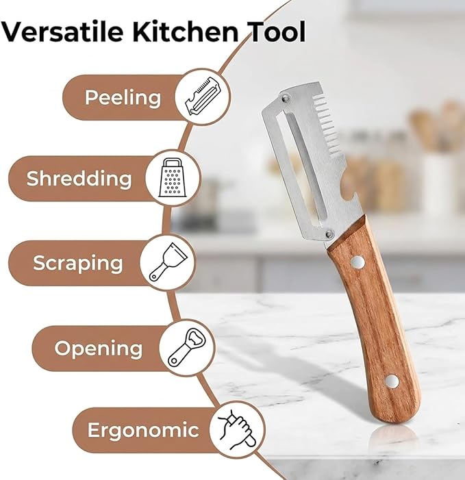 2-Pack Premium Vegetable Peeler with Wooden Handle and Bottle Opener, Multi-Functional Vegetable Peeler for Kitchen, Kitchen Gadgets Tool for Fruit Pumpkin Peeling Potato Carrot Veggie Peeler