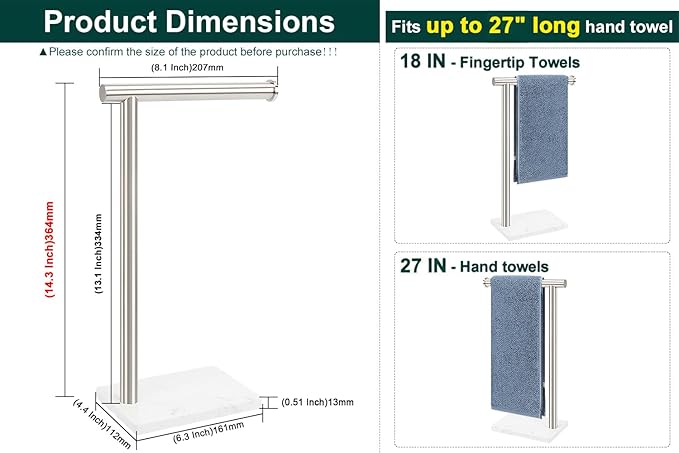 Hand Towel Holder, Hand Towel Stand for Bathroom with Marble Base, 304 Stainless Steel L Shape Hand Towel Rack Bar Standing for Vanity Kitchen Countertop, Brushed Nickel