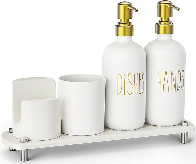 Cisily Kitchen Soap Dispenser Set Comes with Ceramics Sponge Holder, Gold Pumps, and Instant Dry Tray, Hand and Dish Soap Dispenser Set (5, Gold + White + Brush Holder + Sponge Holder)