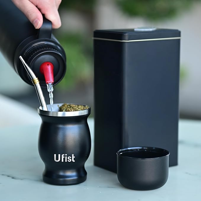 Yerba Mate Set with 34 oz Insulated Bottle, 8.4 oz Gourd Cup, Bombilla Straws, Tea Container, Stainless Steel (Argentina)