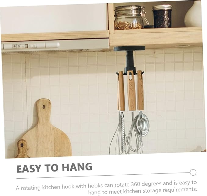GLEAVI 3pcs Kitchen Utensil Organizer Hooks Rotating Adhesive Under Cabinet Hanger Rack for Cooking Tools and Measuring Spoons in Black