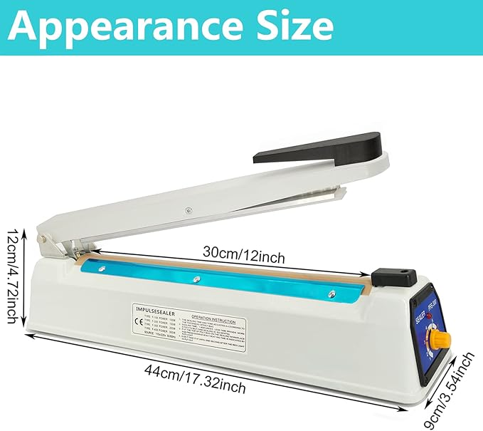 Impulse Heat Sealer Bag Sealer Machine Handheld Sealer Packaging Machine 3mm Sealing for Bag Width Sealing Machine for Self Sealing Plastic with Extra 4 Replacements 2 Fuse Kit(12 inches)