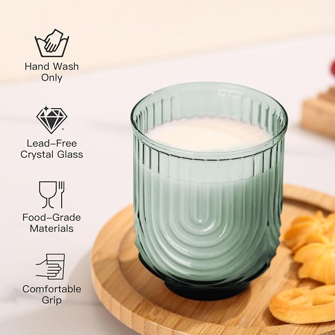 JOVGANK Green Vintage Glassware Set of 6-14Oz Green Water Drinking Glass, Art Deco Ripple Highball Glass, Whiskey Cocktail Glasses, for Bar Ice Coffee Juice, Housewarming Gifts and Mother's Day Gift