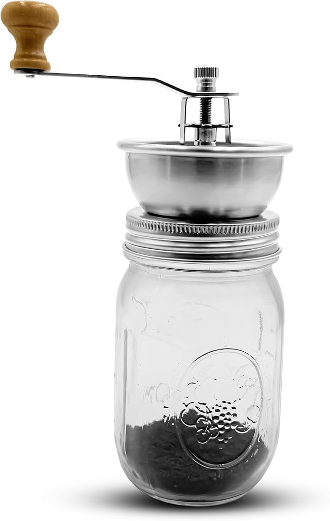 Stainless Steel Coffee Grinder Lid Attachment for Regular Mouth Mason Jars - Manual Crank Burr Grinder for Fresh Coffee, Ideal for Camping, Home Barista, Rust Proof Ceramic Mechanism