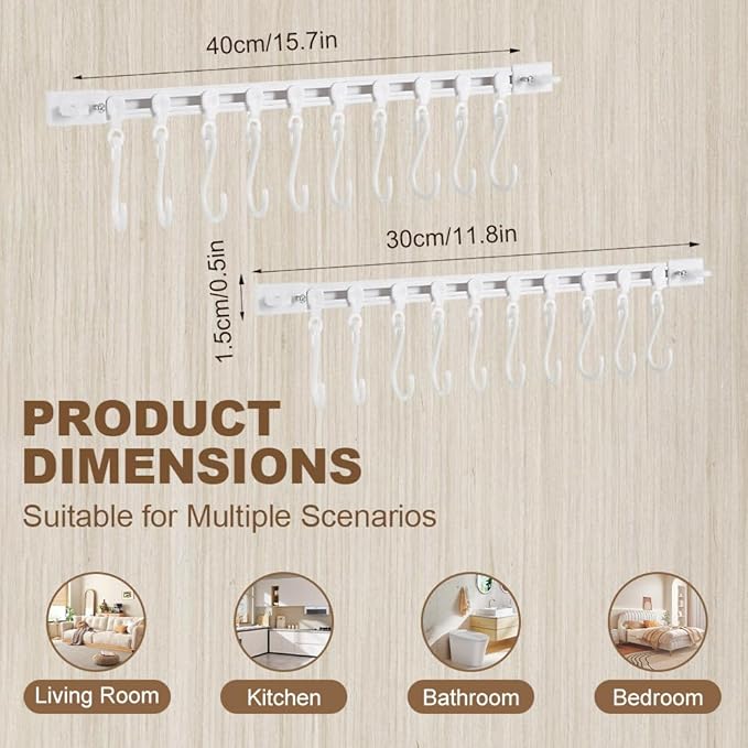Multifunctional Slide Rail Hook,Kitchen Utensil Hanging Rack Wall Mounted Hanger,Space Saving Utensil Holder with 10 Hooks ,Sliding Track Hook No Drilling Hanger for Home Office (Length 30+40cm)