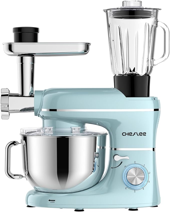 CHeflee Multifunctional Stand Mixer,660W, 6.5QT With Meat Grinder, Vegetable Slicer &1.5L Juice Blender,for Most Home Cooks,Blue