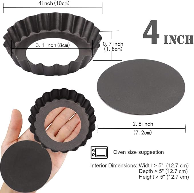 Mini Tart Pan Set of 6, Non-Stick 4 Inch Quiche Pan, Removable Bottom Tart Pan for Pies, Quiche Bakeware, Cheese Cakes, Desserts and more