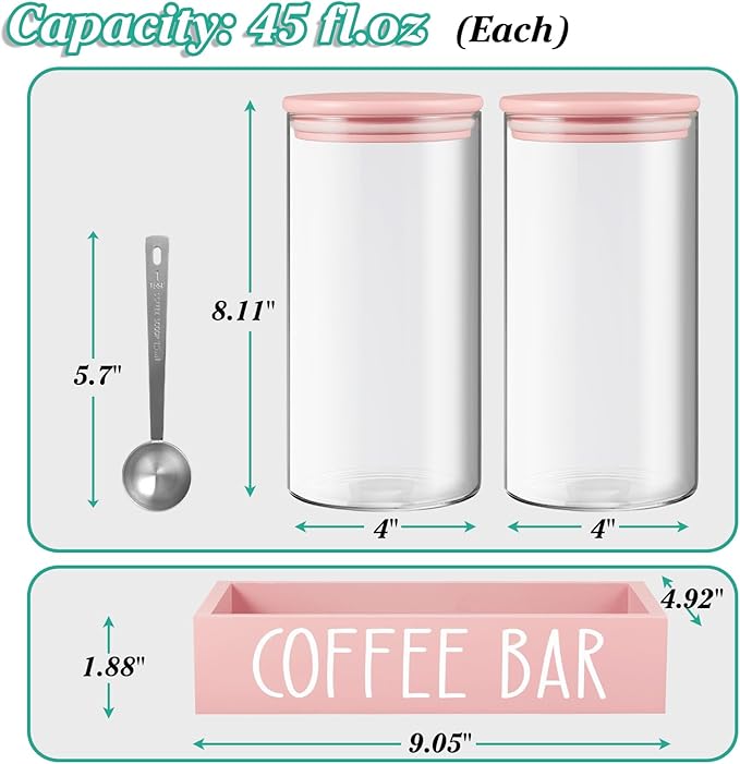 Pink Coffee Canister for Ground Coffee - 2 Pack 45oz Glass Coffee and Sugar Container Set with Airtight Lids and Tray - Pink Coffee Bean Storage Jars for Coffee Bar Kitchen Decor and Accessories