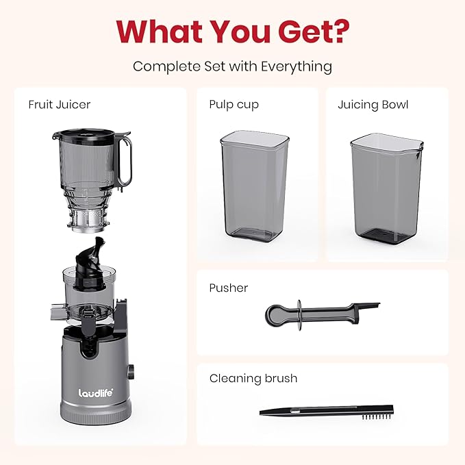 LAUDLIFE Cold Press Juicer Machine, 5.9" Wide Feed Chute Juice Extractor, 80 oz Large Hopper, Easy to Clean & High Juice Yield, BPA Free, Slow Masticating Juicer for Whole Fruits & Vegetables